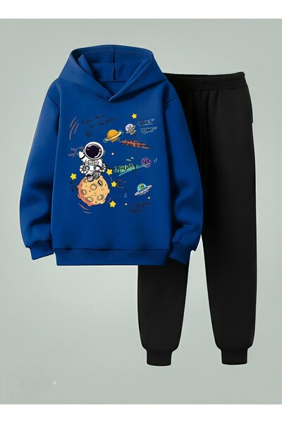 LORVEX Çocuk Kapüşonlu Takım SPACE TRALEL Baskılı 3 İplik Şardonlu Sweatshirt...