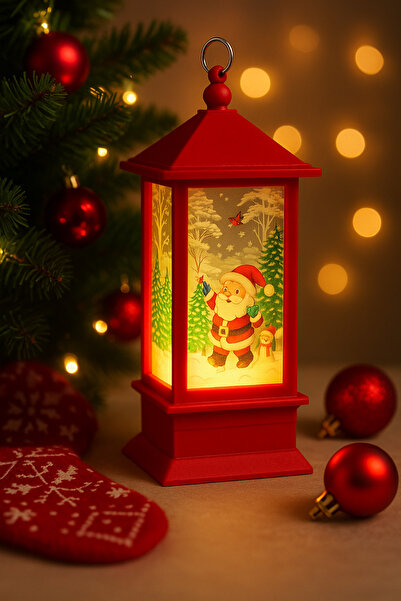CHANCE GİFT Led Lighted Christmas Lantern Santa Claus Themed Christmas Lantern Tree Ornament Red Decorative Lighted Ornament