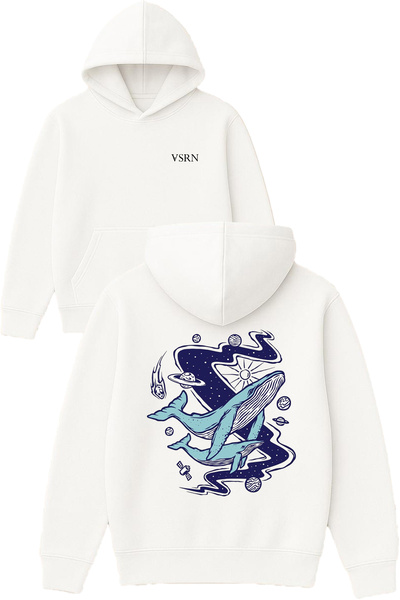 VSRN Whales Design Printed Oversized White Hooded Sweatshirt