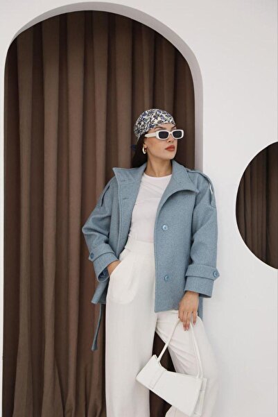 Lila Moda Double-Breasted Short Oversized Lined Pocket Cashmere Jacket Coat