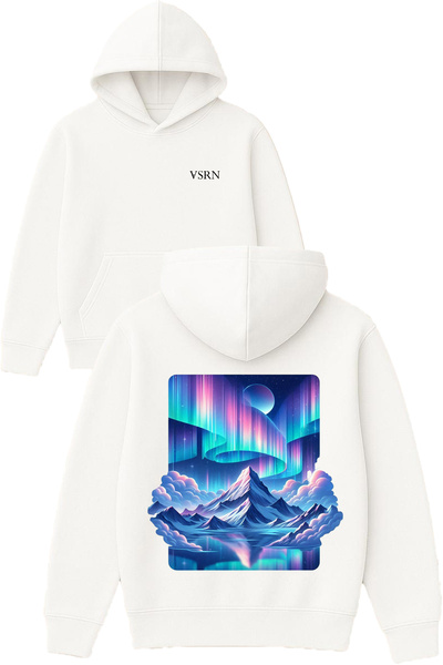 VSRN Northern Lights Design Printed Oversized White Hooded Sweatshirt