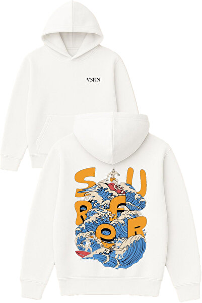 VSRN Surfer Design Printed Oversized White Hooded Sweatshirt