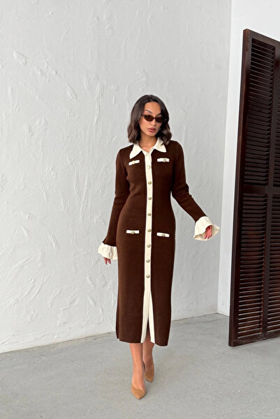 Lusin Γυναικείο καφέ κομψό πλεκτό φόρεμα με λεπτομέρεια με κουμπιά και μανίκια