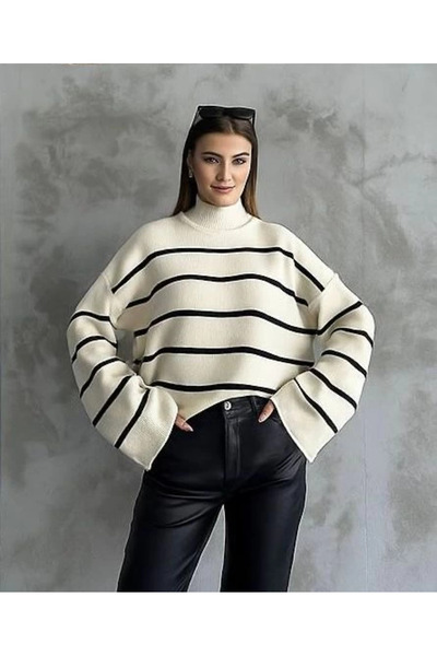 TH COLLECTİON Striped Spanish Sleeve Knitwear Turtleneck Sweater White Elf - ...