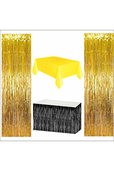 ZENVİVA Yellow Tablecloth, Black Table Skirt, 2 Gold Backdrops