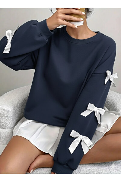 LEONE KOLEKSİYON Κομψό χειμερινό γυναικείο φούτερ με λεπτομέρεια με φιόγκο και λαιμόκοψη σε μπλε ναυτικό