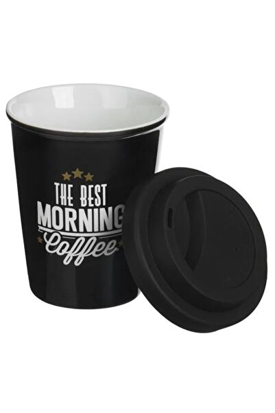 AVA Ceramic Coffee Mug, Glossy Black, "The Best Morning Coffee" Message, Silicone Lid, 380ml
