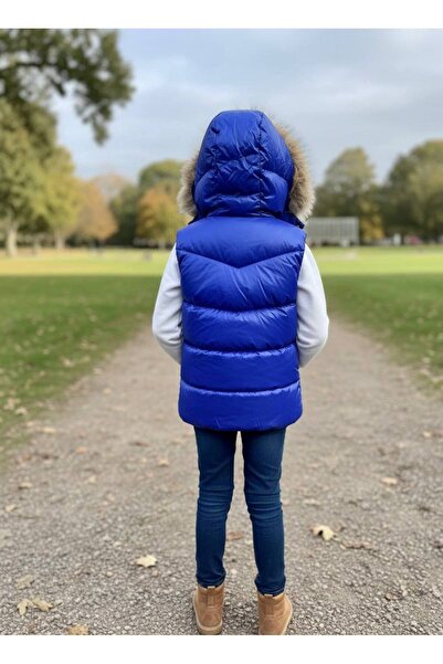 YusGos Baby Girl Child Waterproof Zippered Furry Hooded Pocket Inflatable Padded Vest (2-15 Years)