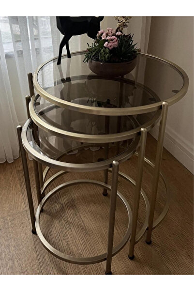 Tutku Oliva Pirinç Eskitme Bronz Cam Blok 3'lü Zigon Sehpa