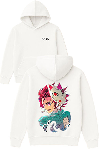 VSRN Masked Anime Design Printed Oversized White Hooded Sweatshirt