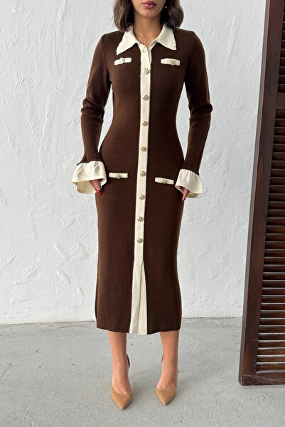 Lusin Γυναικείο καφέ κομψό πλεκτό φόρεμα με λεπτομέρεια με κουμπιά και μανίκια