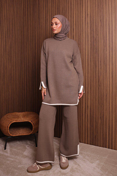 Mogi Butik طقم تريكو قصة فضفاضة سايكي شق للنساء 3133