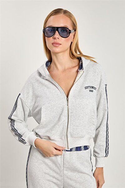 BARRELS AND OIL Women's Shirt Paneled Zippered Sweatshirt - Snow Melange