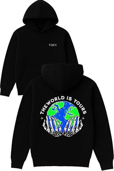 VSRN العالم لك تصميم مطبوع قصة فضفاضة سويت شيرت أسود بغطاء رأس