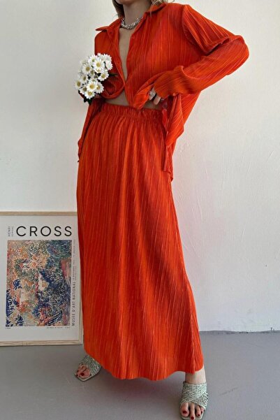 Omarı Orange Corduroy Shirt and Long Skirt Set