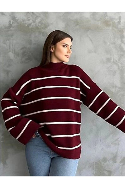 Acarsoystore Striped Spanish Sleeve Knitwear High Neck Sweater Burgundy Elf