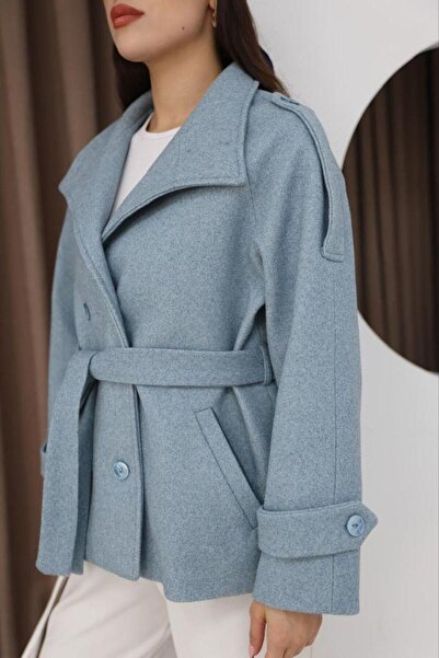 Lila Moda Double-Breasted Short Oversized Lined Pocket Cashmere Jacket Coat