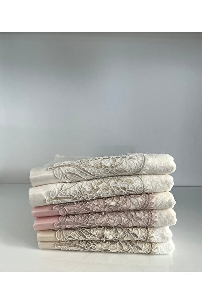 SERENART HOME Sarayland Luxury Boxed 50X90 6-Piece Hand and Face Towel Set with Lace Satin Embroidered Dressing Gown