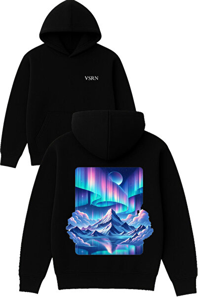 VSRN Hanorac negru supradimensionat cu glugă, imprimat cu design Northern Lights