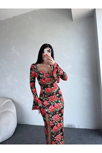 Estilo Sırt Dekolte Gloplu Yırtmaç Elbise