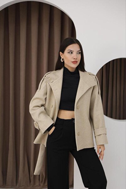 Lila Moda Double-Breasted Short Oversized Lined Pocket Cashmere Jacket Coat