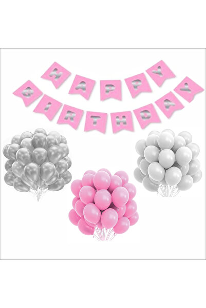 ZENVİVA Pink Silver White Balloon-Banner Set