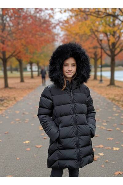 YusGos Girl's Waterproof Fur Lined Hooded Zipper Pockets Shiny Suede Puffer Coat (2-15 Years) Black 12-13