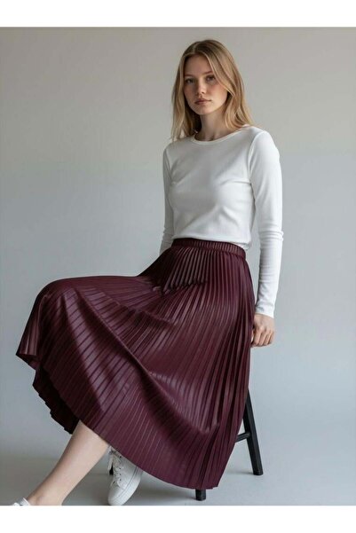 EREN STYLE تنورة مظهر جلدي مطوية من القطن المنسوج من الفسكوز للفصول الأربعة (95 سم)-(38-48)