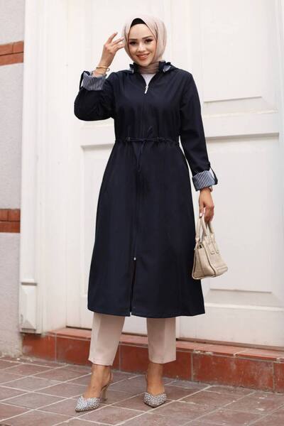 ECALAMODE Women's Navy Blue Raincoat Trench Coat Transitional Adjustable Waist Hooded Hijab – Sports & Casual Cap