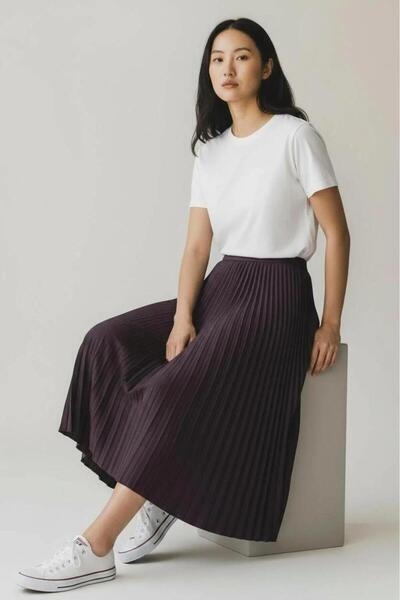 EREN STYLE Leather-Look Pleated Cotton Woven Viscose 4 Season Skirt(95 cm)-(38-48)