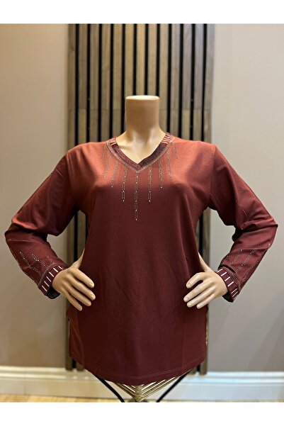 AKMAVİ Kadın Orta Yaş Ve Üzeri Triko V Yaka Taşlı Kiremit Anne Penye Bluz