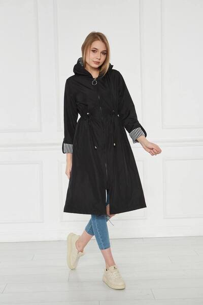 ECALAMODE Women's Black Hooded Raincoat Trench Coat Transitional Adjustable Waist Hijab – Sports & Casual Cap