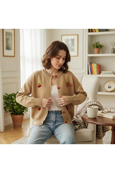 EREN STYLE Knitwear Cherry Detailed Cotton Angora Wool Crew Neck Cardigan