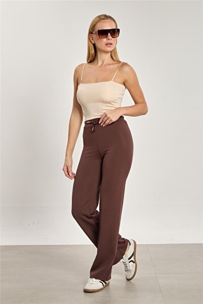 BARRELS AND OIL Women's Fleece-Lined Corded Fabric Wide Leg Trousers - Bitter Brown