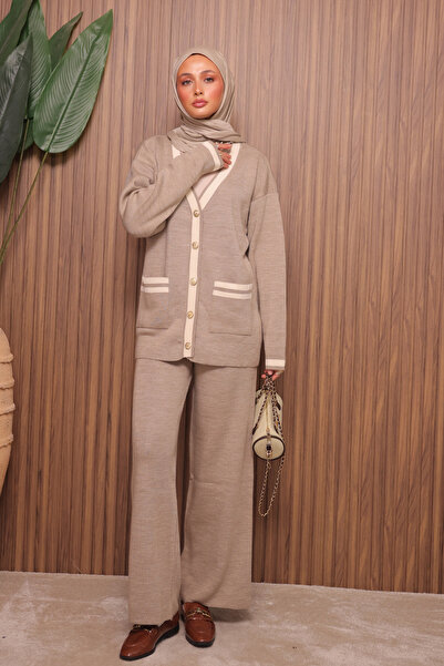 Mogi Butik Women's Oversized Knitted V-Neck Cardigan Hijab Knitwear Set 3135