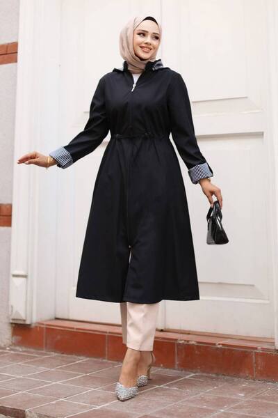 ECALAMODE Women's Black Raincoat Trench Coat Transitional Adjustable Waist Hooded Hijab – Sports & Casual Cap
