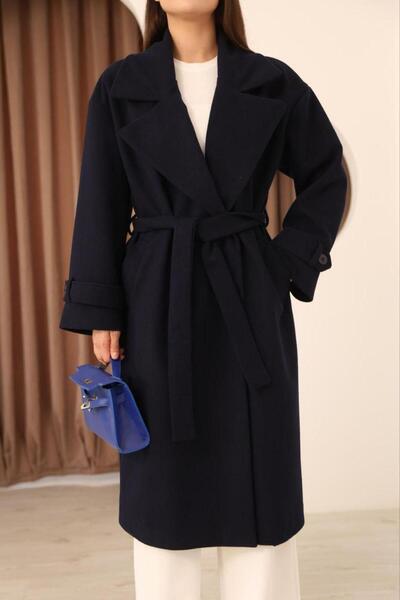 Lila Moda بأزرار على الجهتين قصة فضفاضة معطف طويل من الكشمير عالي الجودة مع حزام