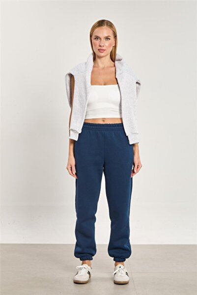 BARRELS AND OIL Women's Fleece-Lined Elastic Cuffed Sweatpants - Navy Blue