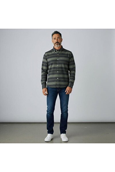 EREN STYLE Classic 100% Cotton Long Sleeve Anti-Sweat Winter 2-Color Striped Shirt (Regular Fit)