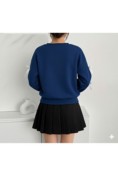 LEONE KOLEKSİYON Елегантна темно-синя жіноча зимовий світшот з коміром-стійкою та бантиком