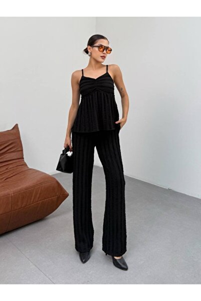 Modayakamoz Γυναικείο Σετ με μαύρο υφή με λουράκι και φαρδύ παντελόνι 2 τεμαχίων