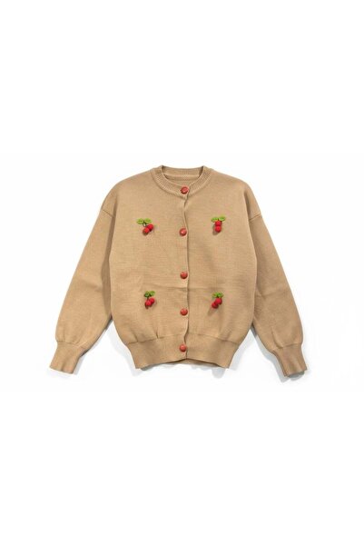 EREN STYLE Knitwear Cherry Detailed Cotton Angora Wool Crew Neck Cardigan