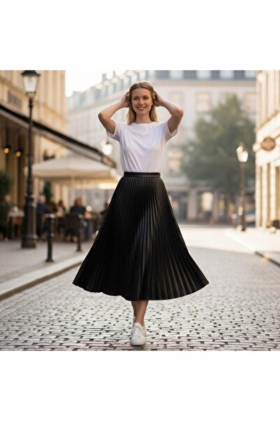 EREN STYLE aspect de piele Fusta plisată din bumbac țesut din viscoză pentru ...