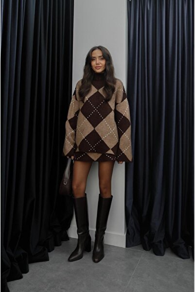 Havoş Camel Caridi Baklava Patterned Skirt Sweater Set