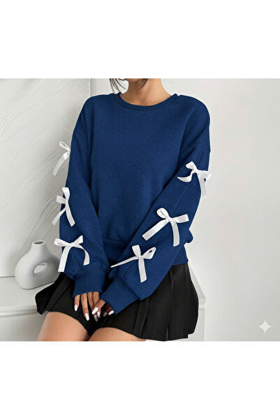 LEONE KOLEKSİYON Елегантна темно-синя жіноча зимовий світшот з коміром-стійкою та бантиком