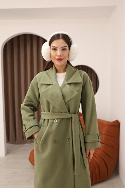 Lila Moda Double-Breasted Oversized Premium Quality Belted Long Cashmere Coat