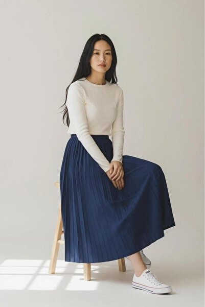EREN STYLE Leather-Look Pleated Cotton Woven Viscose 4 Season Skirt(95 cm)-(38-48)