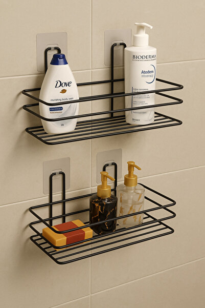 PooleMark 2'li Paslanmaz Çelik Yapışkanlı Duşakabin Banyo Rafı Şampuanlık Vid...