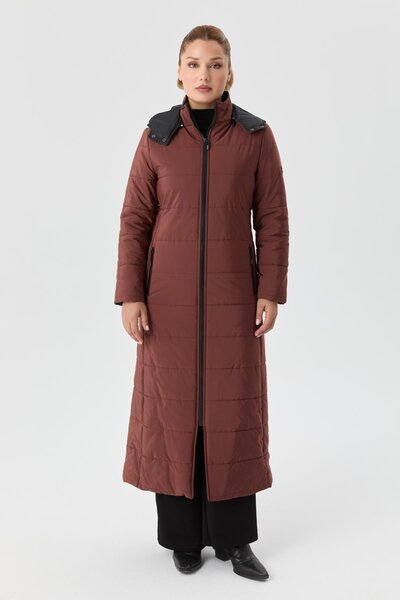 Doque Kadın Şişme Kaban Tarçın Araboy Kalın Kışlık Kapşonlu - Boy:130 cm 67050