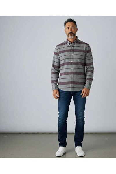 EREN STYLE Classic 100% Cotton Long Sleeve Anti-Sweat Winter 2-Color Striped Shirt (Regular Fit)